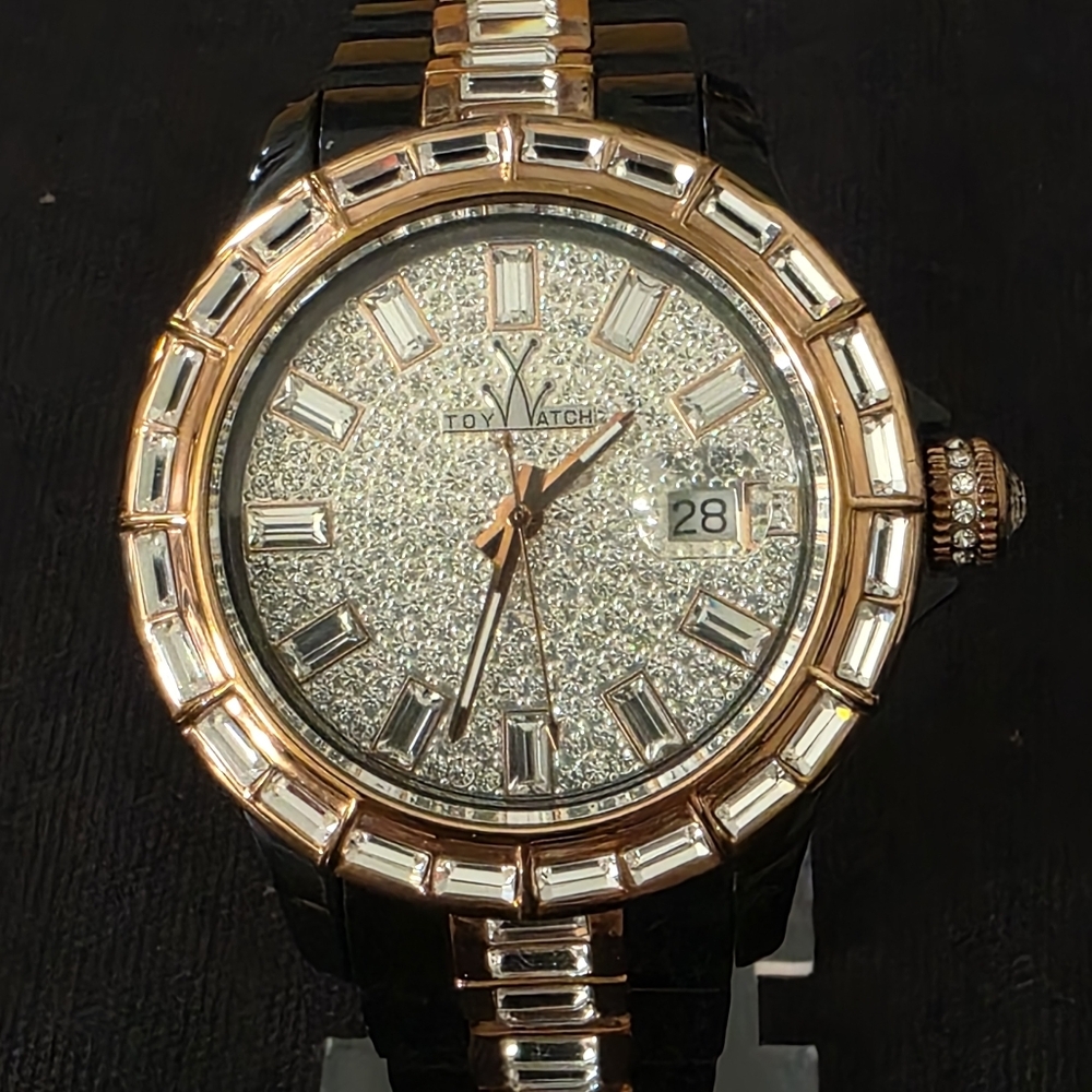 Toy Watch Gems Paved Crystal Dial Bracelet 40mm 5atm Black Rose Gold Tone RUNS